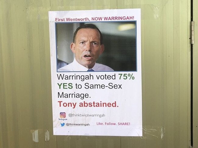 A poster urging the Mosman community to think twice about Tony Abbott MP. Picture: Supplied