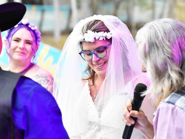 Simone Ward and Geoffrey Borninkhof, were married on The Hill Stage at Gympie Music Muster. Picture: Patrick Woods.