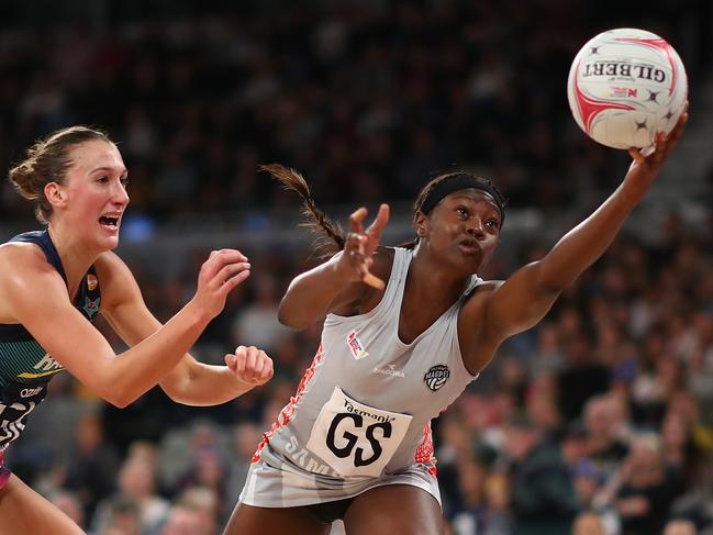 MELBOURNE, AUSTRALIA - JUNE 10: Shimona Nelson of the Magpies and Emily Mannix of the Vixens compete for the ball during the round 7 Super Netball match between the Vixens and the Magpies at Melbourne Arena on June 10, 2019 in Melbourne, Australia. (Photo by Scott Barbour/Getty Images)