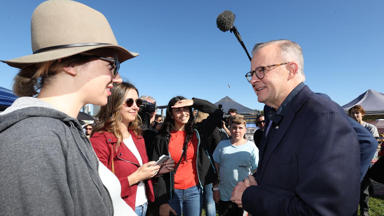 Anthony Albanese visits Ryde Wharf Market in the Sydney seat of Bennelong on Sunday. Picture: Liam Kidston