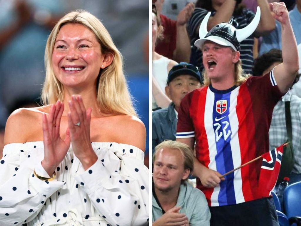 Casper Ruud's fiancee Maria Galligani and a supporter also watch on. Photos: AFP/News Corp