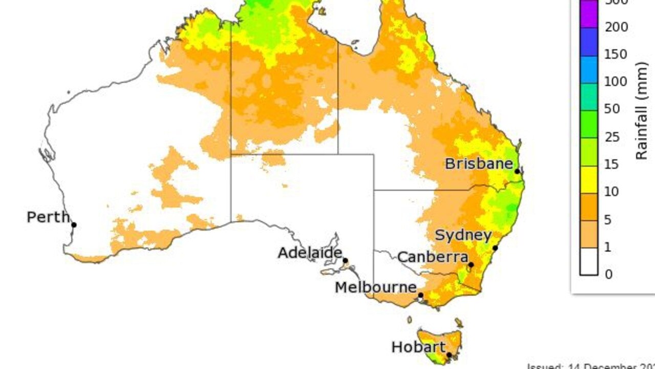 There is a more than 75 per cent change of rain leading up to Christmas for most of the south east, east and north of Australia. Picture: BOM.