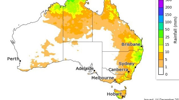 There is a more than 75 per cent change of rain leading up to Christmas for most of the south east, east and north of Australia. Picture: BOM.