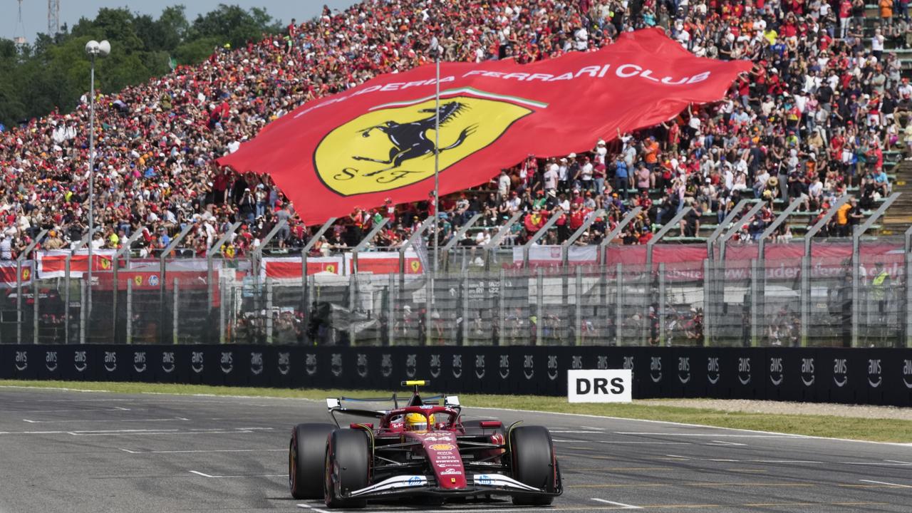 Ferrari driver Lewis Hamilton steers his car during the qualifying session. AP Photo/Luca Bruno, Pool.