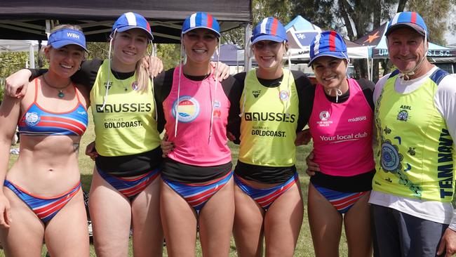 Emma Eggins, Monique Durbridge, Lucy Monaghan, Maddy Major, Grace Monaghan and Steve Monaghan from Wauchope/Bonny Hills. Two-day surf boat carnival on the Nambucca River hosted by Macksville/Scotts Head Surf Life Saving Club, December 4, 2022. Picture: Chris Knight