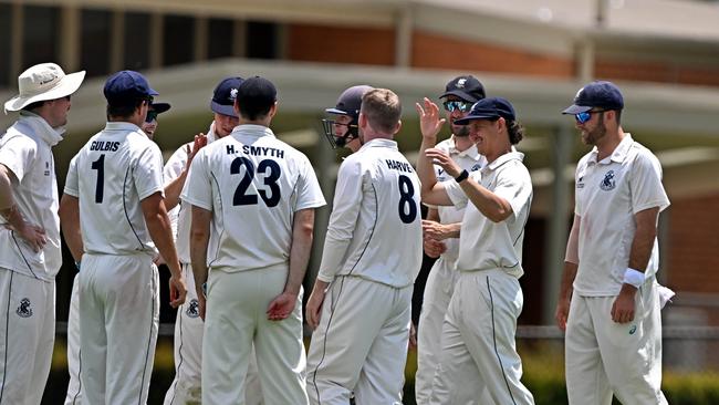 Carlton players celebrate a wicket. Picture: Andy Brownbill