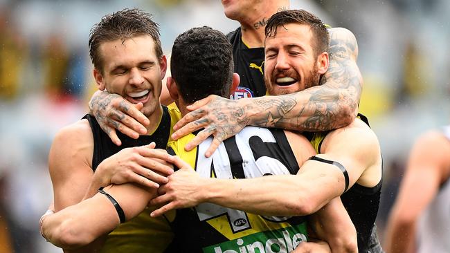 Dan Butler (left), Jason Castagna and Kane Lambert have played a key role in the Tigers’ success. Pic: AAP