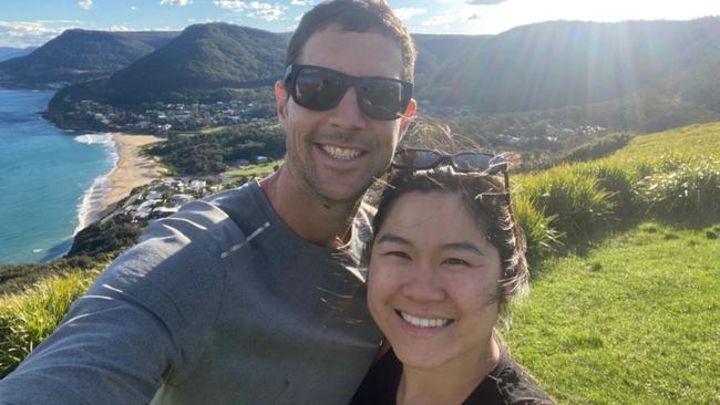 Simon Nellist (left) was tragically killed in a shark attack at Little Bay, pictured with fiance Jessie Ho.