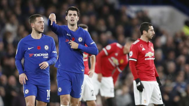 Chelsea's Alvaro Morata and Chelsea's Eden Hazard (L) celebrate after scoring.
