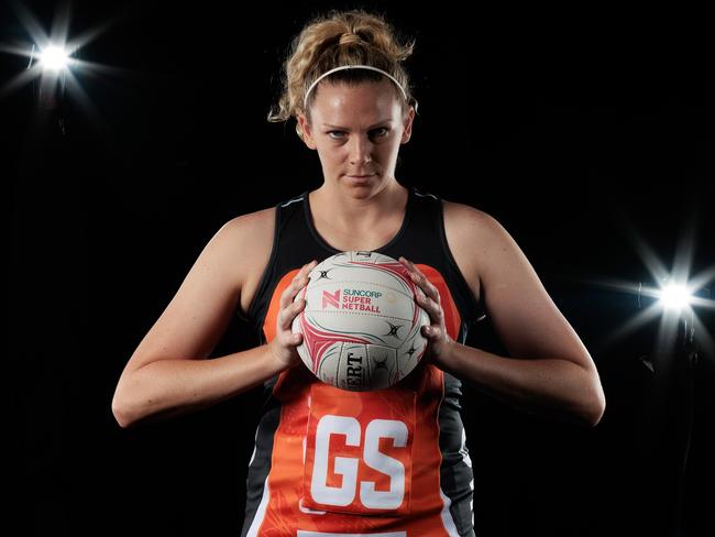 GOLD COAST, AUSTRALIA - FEBRUARY 23:  Jo Harten poses during the GIANTS Super Netball 2023 headshots session at the Gold Coast Leisure Centre on February 23, 2023 in Gold Coast, Australia. (Photo by Matt King/Getty Images for Netball Australia