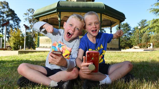 Annika Loci is pushing for Melbourne to host an Augmented Reality Festival (playing events like Pokemon Go). Annika's sons (L-R) Billy and Zack (twins, both 9) at Hookey Park in Mooroolbark. Picture: Josie Hayden