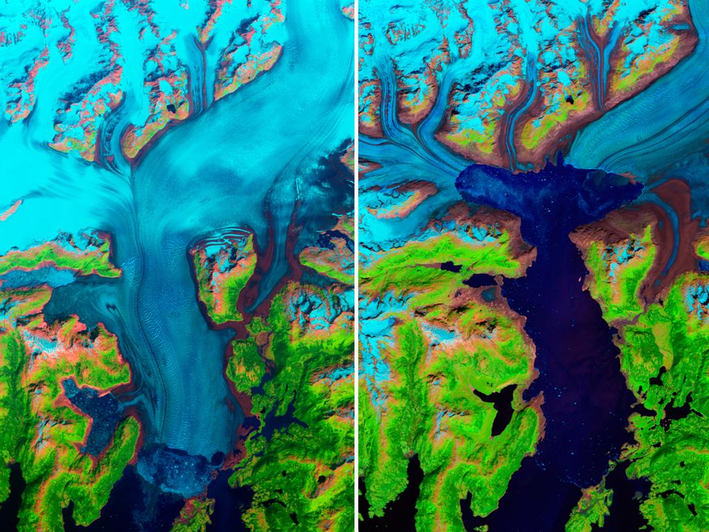 Columbia Glacier melt, Alaska July 28, 1986 - July 2, 2014. Source: NASA Earth Observatory, using data from the U.S. Geological Survey