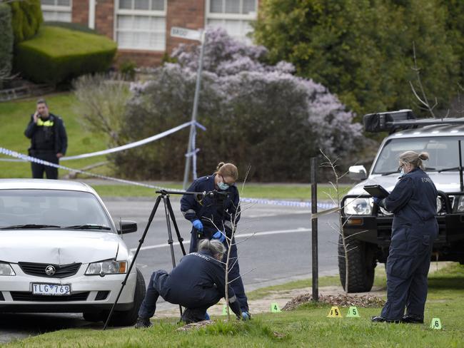 Police at the scene on Tidcombe Crescent in Doncaster East. Picture: Andrew Henshaw