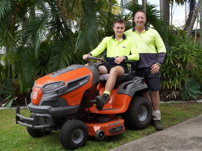 Bucasia teen Jett Turpin launched Jetts Lawn Care Mackay when he was just 12 years old. He now turns over $35,000 a year, with the help of his dad Dan on the tools. Picture: Heidi Petith