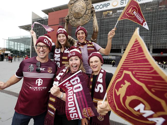 Jason Pierce, Wendy Bomgaars with Alana Bomgaars, Harry Valencia and Tom Lefevre at Suncorp Stadium. Picture: Josh Woning