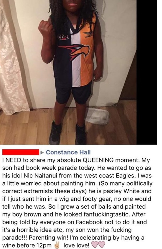 The original post, made by a Western Australia mother, was removed by Constance Hall who didn’t agree with a mother painting her child Blackface.