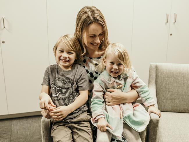 Blogger Erin Giansiracusa, with two of her four kids, Billy, 2, and Olivia, 2, is the voice of Epworth Healthcare’s Mobile Midwife series. Picture: Mel Lawler