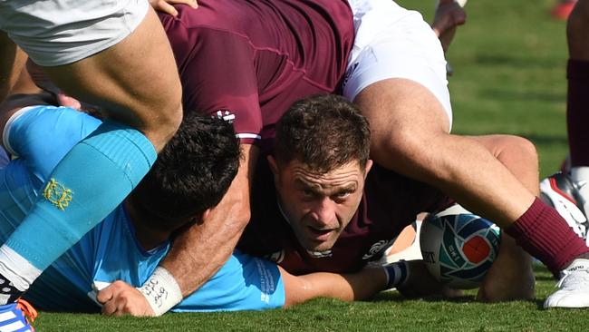 Georgia flanker Shalva Sutiashvili looks out from a ruck in Kumagaya.