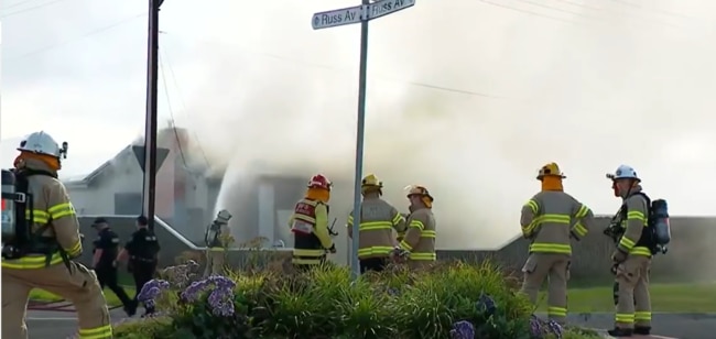 Emergency services extinguish the house fire at Seaton on Tuesday afternoon. Picture: 9News