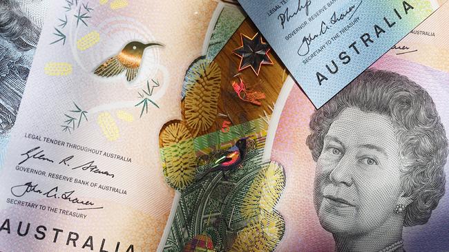 Australian five, ten and fifty dollar bills in a panoramic format with image distortion. The new issue is designed to deter counterfeiting, the note is polymer and water resistant. generic money