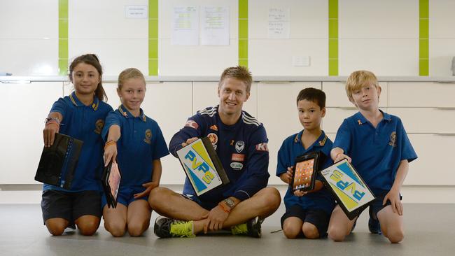 The Bully Zero Australia Foundation is launching its 48-hour Digital Detox, which coincides with the National Day of Action Against Bullying. Melbourne Victory's Adrian Leijer with students at Pascoe Vale Primary School Isobelle, Charlotte, Jack and Jackson. Picture: Angie Basdekis