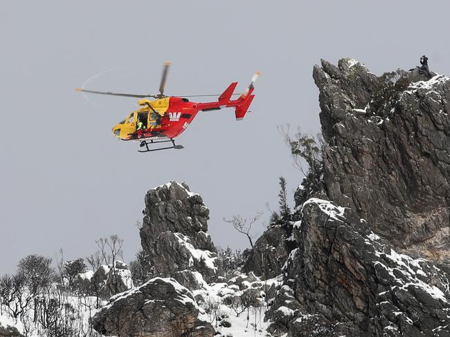 The Westpac rescue helicopter during a mission at The Needles, west of Maydena. Picture: ZAK SIMMONDS