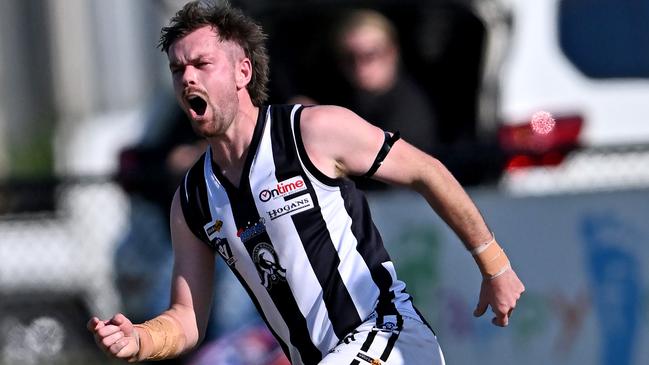 WallanÃs Sean Morris celebrates a goal during the RDFL Melton Centrals v Wallan football match in Harkness, Saturday, April 23, 2022. Picture: Andy Brownbill