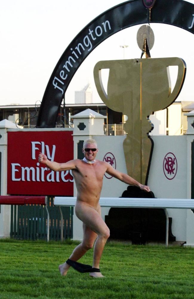 A streaker makes it across the finish line.