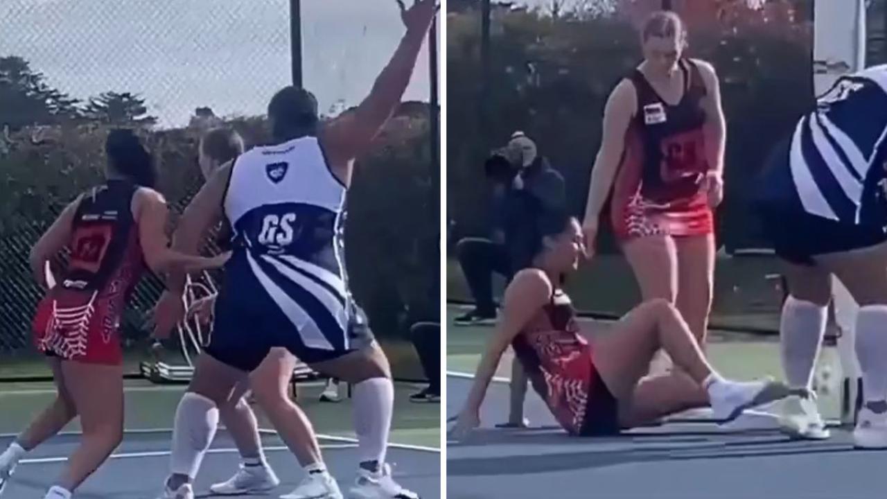 Footage shows transgender netballer knocking opponent to the ground