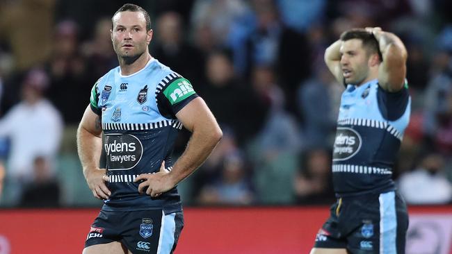 A dejected NSW's Boyd Cordner and James Tedesco after Origin I in Adelaide. Picture: Brett Costello