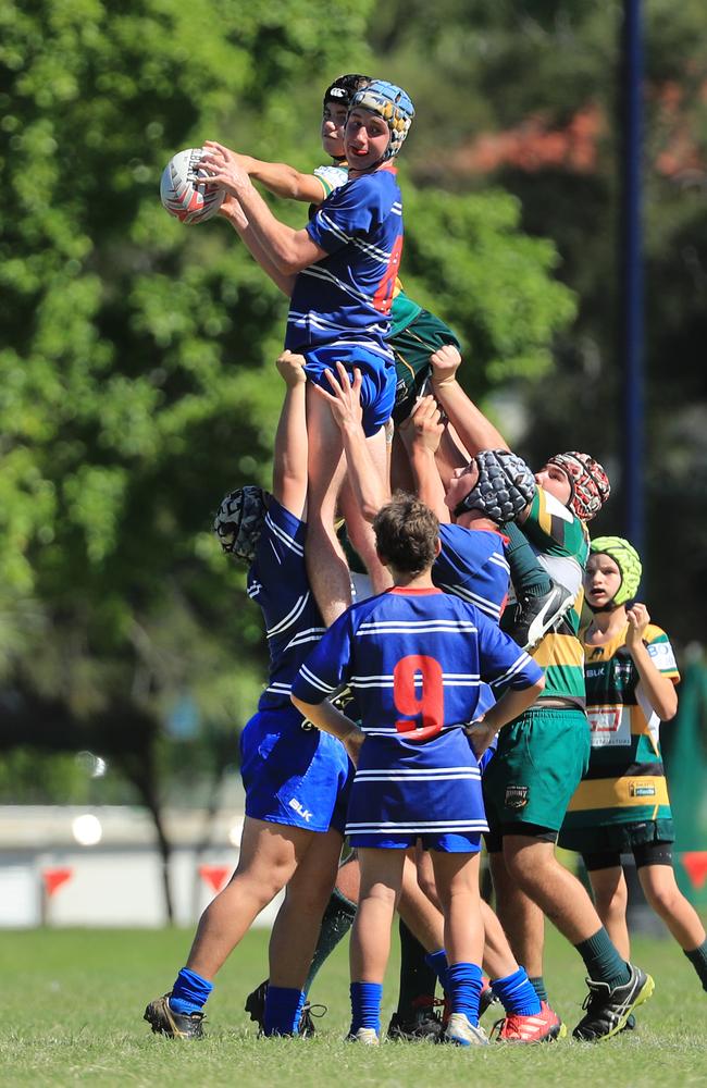 SURFERS PARADISE RUGBY, GOLD COAST , AUSTRALIA - April 10, 2021: Surfers Paradise Dolphins U14sv USQ Saints U14s - Day Two of King of the Country rugby tournament.Played at Surfers Paradise Eagles Rugby Ground at Southport. Picture: Scott Powick Newscorp