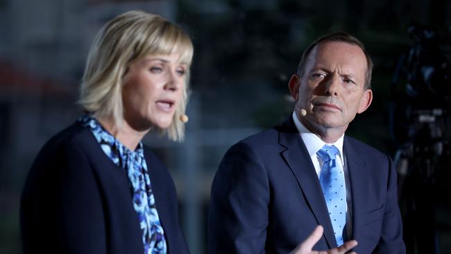 Warringah candidates Tony Abbott and Zali Steggall at the Sky News/Manly Daily Debate at Queenscliff Surf Club, Sydney, 2nd May 2019. Picture: Damian Shaw