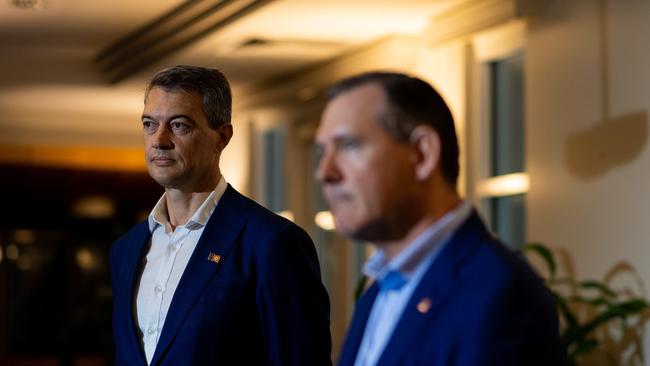 Chief Minister Michael Gunner and Sun Cable chief executive David Griffin address the media at NT Parliament House after both parties signed a Project Development Agreement. Picture: Che Chorley