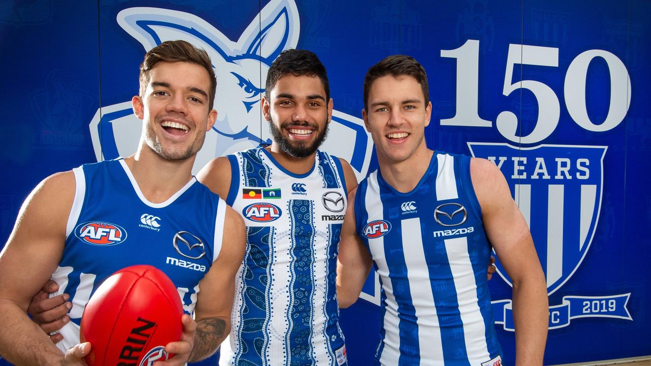 North Melbourne young guns Jy Simpkin and Tarryn Thomas and Luke Davies-Uniacke at Arden Street. Picture: Jay Town