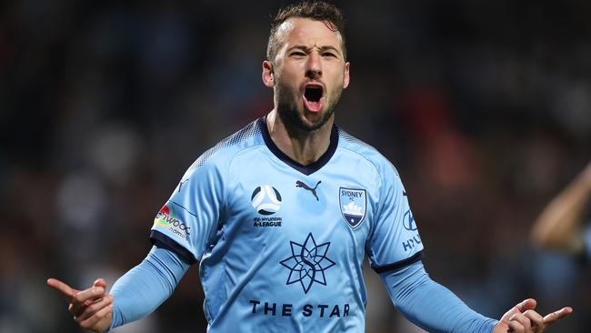 Sydney FC striker Adam Le Fondre celebrates a goal last season. Picture: Brett Costello.