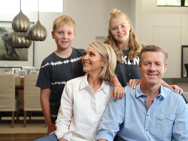 Georgie Gardner at home with her husband Tim Baker and kids Bronte and Angus Baker. Picture: Danny Aarons