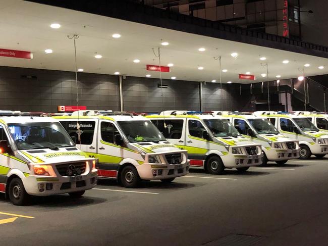 Ambulances lined up at the Gold Coast University Hospital raising concerns about ramping.