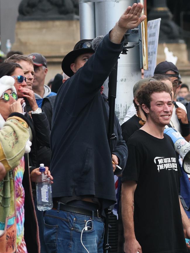 A protester does a Nazi salute at an Australian freedom rally. Picture: Brendan Beckett/NCA NewsWire