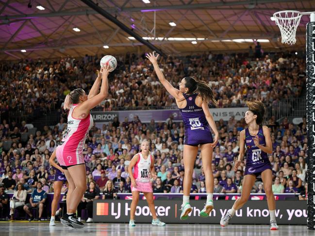 Eleanor Cardwell of the Thunderbirds shoots the ball during the round one Super Netball match between Queensland Firebirds and Adelaide Thunderbirds at Nissan Arena. Picture: Getty Images