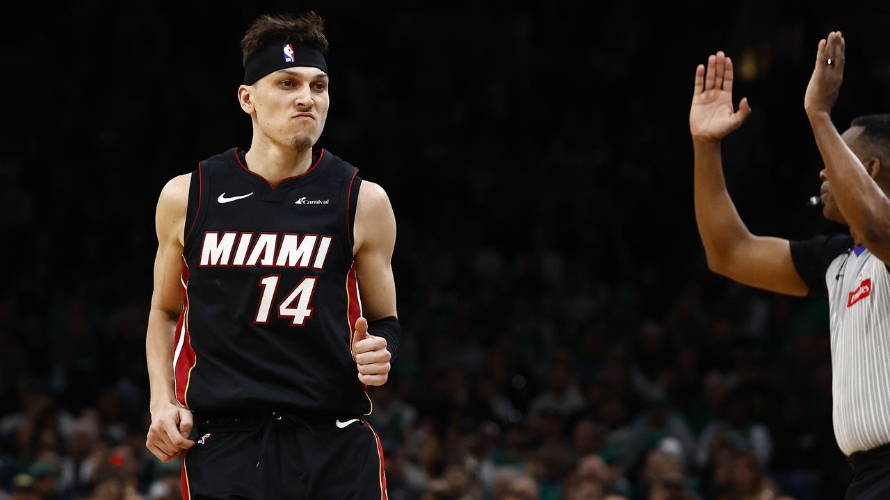 Herro scored 24 points for the Heat in their upset win over the Celtics. (Photo By Winslow Townson/Getty Images)