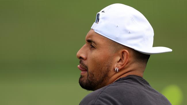 Nick Kyrgios during a practice session ahead of The Championships at the All England Lawn Tennis and Croquet Club on Sunday. Picture: Patrick Smith/Getty Images