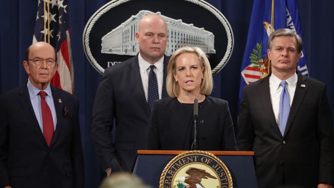 US Commerce Secretary Wilbur Ross, acting Attorney-General Matthew Whitaker, Homeland Security Secretary Kirstjen Nielsen and Federal Bureau of Investigation Director Christopher Wray announce new criminal charges against Chinese telecommunications giant Huawei. Picture: AFP. 