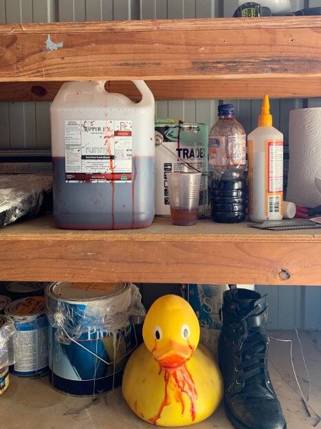 Inside the House of Inequity film: Fake blood stored on a shelf. Photo: Emily Halloran