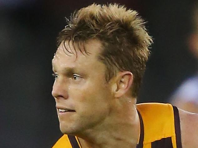 MELBOURNE, AUSTRALIA - MARCH 12: Todd Goldstein of the Kangaroos tackles Sam Mitchell of the Hawks during the NAB CHallenge AFL match between the Hawthorn Hawks and the North Melbourne Kangaroos at Etihad Stadium on March 12, 2016 in Melbourne, Australia. (Photo by Michael Dodge/Getty Images)