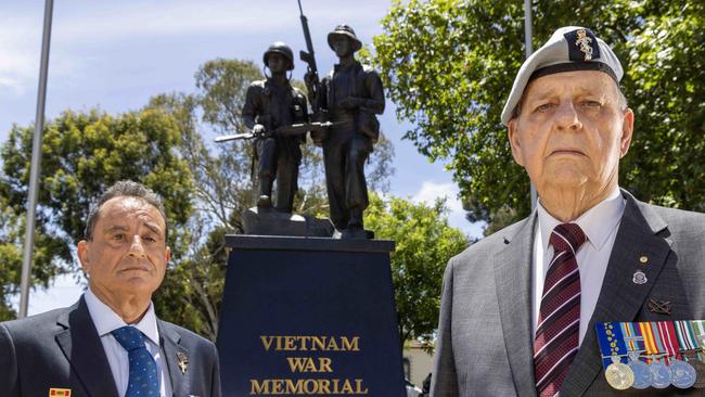 Veteran Charlie Mifsud with Walkerville RSL president Norm Coleman OAM at the Vietnam War Memorial at Torrens Parade Ground. Picture: Kelly Barnes