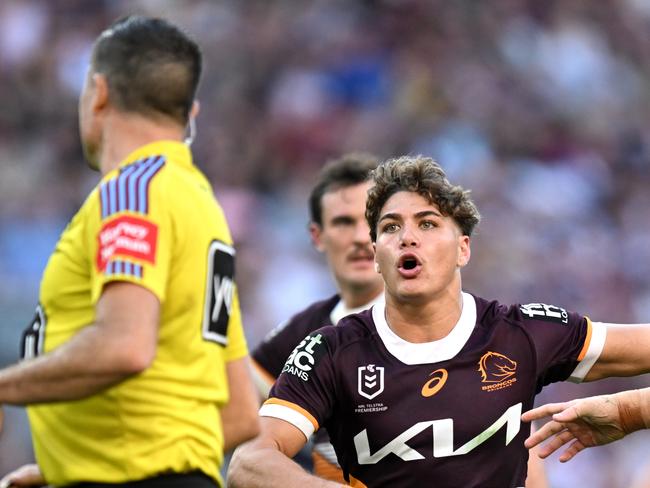 Reece Walsh blows up at the referee. Picture: NRL Photos