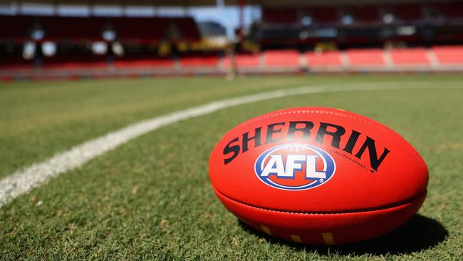 SYDNEY, AUSTRALIA - MARCH 19: A match ball Sherrin is seen during the round one AFL match between Greater Western Sydney Giants and Adelaide Crows at GIANTS Stadium, on March 19, 2023, in Sydney, Australia. (Photo by Cameron Spencer/AFL Photos/Getty Images)