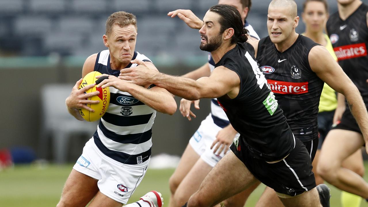 Joel Selwood may be forced out of the Cats’ engine room and play in defence or on the wing. Picture: Darrian Traynor/Getty Images