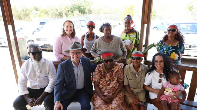 Prime Minister Anthony Albanese, Indigenous Australians minister Linda Burney (right) and Senator Nita Green (back left) with locals during a visit to Torres Strait to discuss the Indigenous voice with locals and leaders.