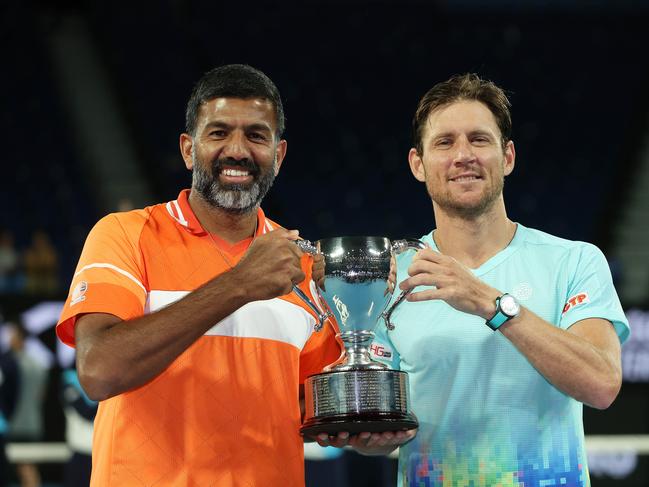 MELBOURNE, JANUARY 27, 2024: 2024 Australian Open Tennis - Matthew Ebden and Rohan Bopanna celebrate their win against Andrea Vavassori and Simone Bolelli after their mens doubles final on Rod Laver Arena. Picture: Mark Stewart